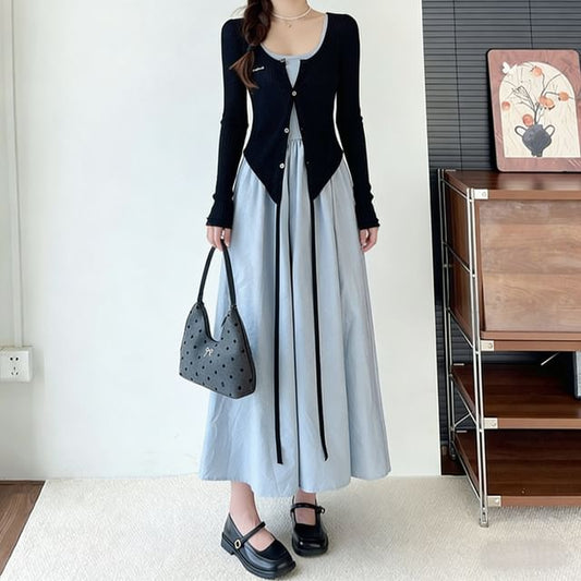 Sleeveless Square Neck Plain Maxi A-Line Dress / Round Neck Plain Cardigan