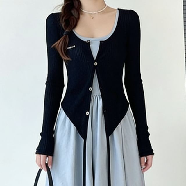 Sleeveless Square Neck Plain Maxi A-Line Dress / Round Neck Plain Cardigan