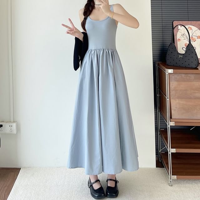 Sleeveless Square Neck Plain Maxi A-Line Dress / Round Neck Plain Cardigan