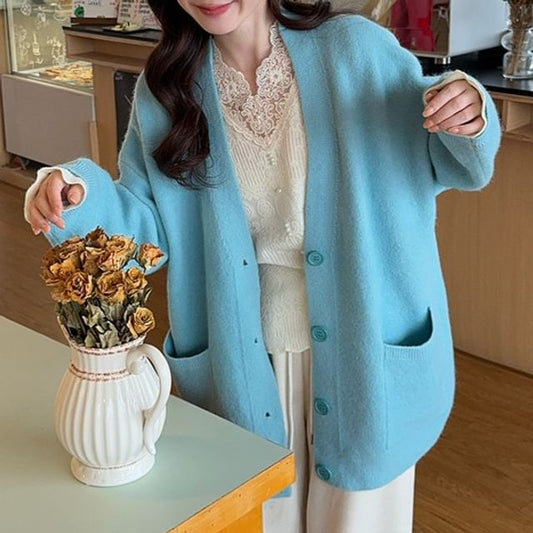 Button Up Cardigan with Lace Panel Knit Top