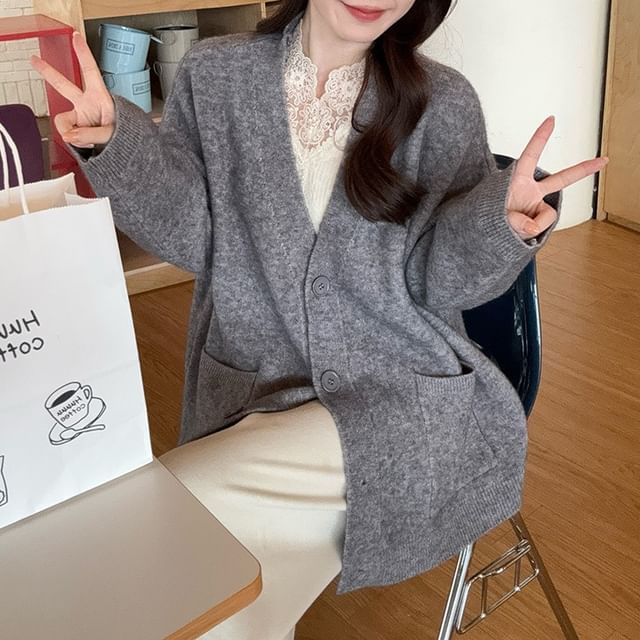 Button Up Cardigan with Lace Panel Knit Top