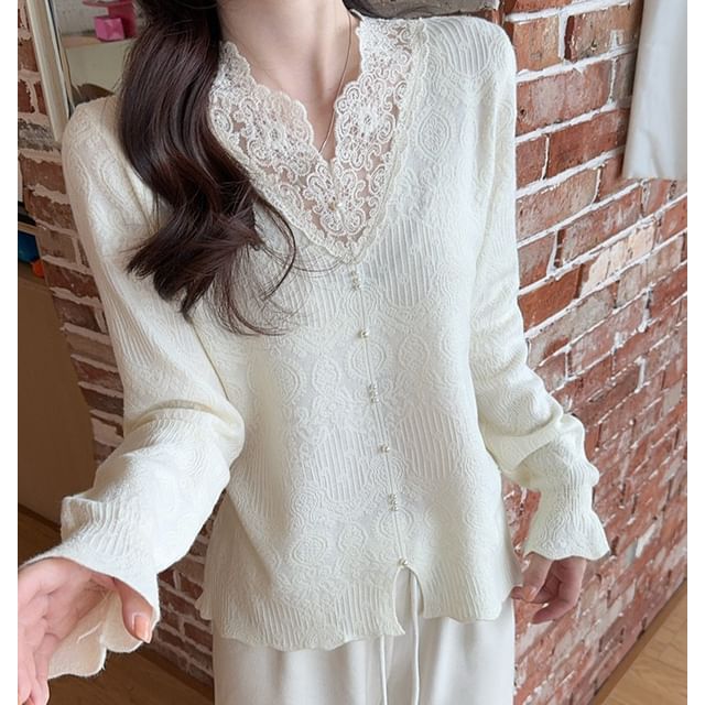 Button Up Cardigan with Lace Panel Knit Top