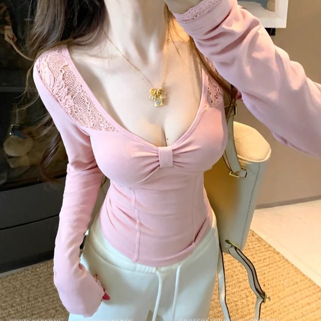 Scoop Neck Lace Panel Knit Top Long Sleeve