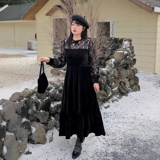 [XL-4XL] Long-Sleeve Lace Velvet Maxi A-Line Dress