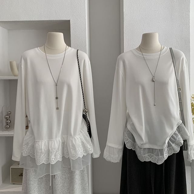 Crew Neck Lace Trim T-Shirt Long Sleeve