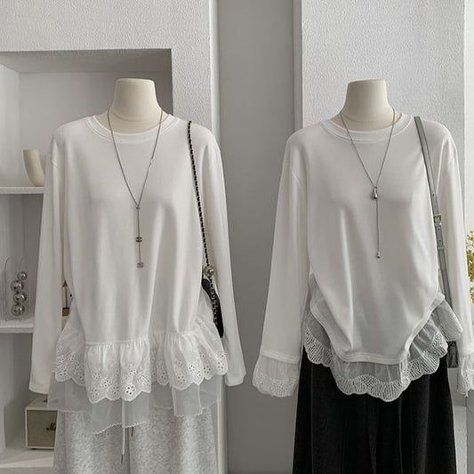 Crew Neck Lace Trim T-Shirt Long Sleeve