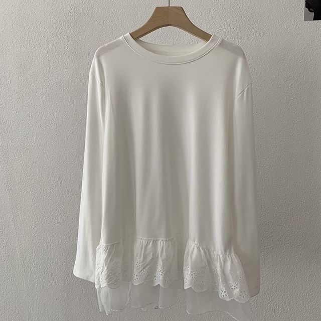 Crew Neck Lace Trim T-Shirt Long Sleeve