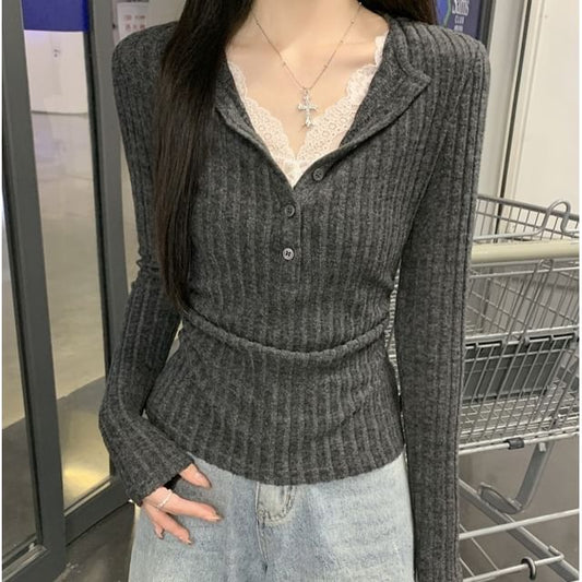 Henley Lace Trim Ribbed Two-Piece Tee