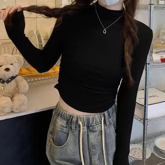 Cropped Mock Neck Long-Sleeve T-Shirt