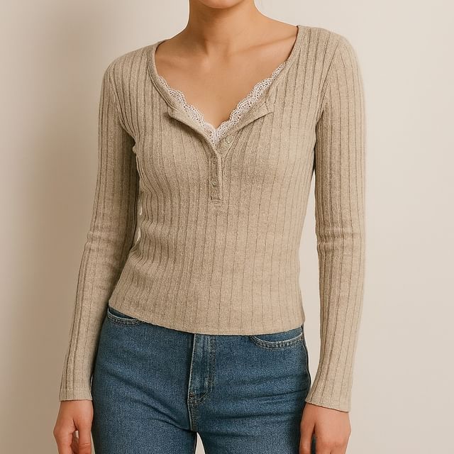 Henley Lace Trim Ribbed Two-Piece Tee
