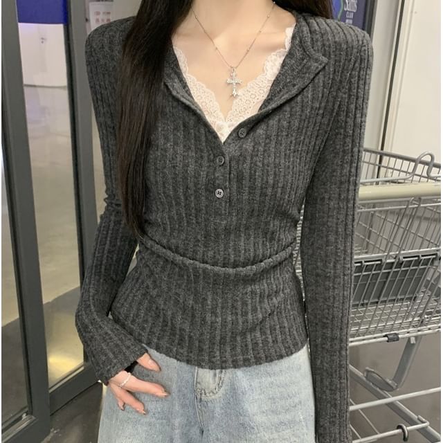 Henley Lace Trim Ribbed Two-Piece Tee