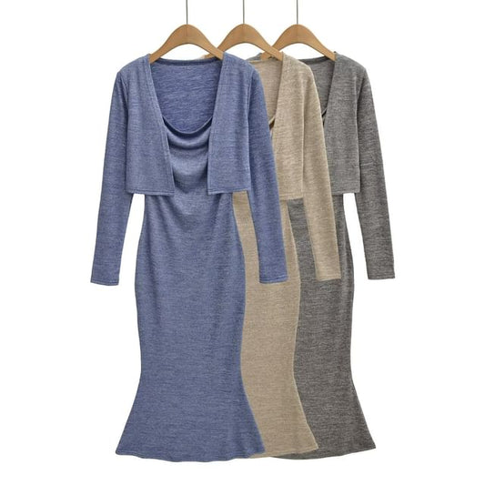 Set: Plain Crop Cardigan + Long-Sleeve Maxi Mermaid Dress