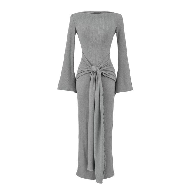 Long-Sleeve Off Shoulder Plain Maxi Sheath Dress
