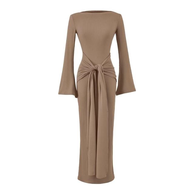 Long-Sleeve Off Shoulder Plain Maxi Sheath Dress