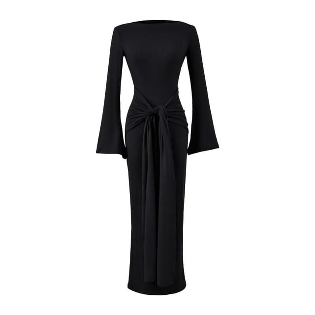 Long-Sleeve Off Shoulder Plain Maxi Sheath Dress