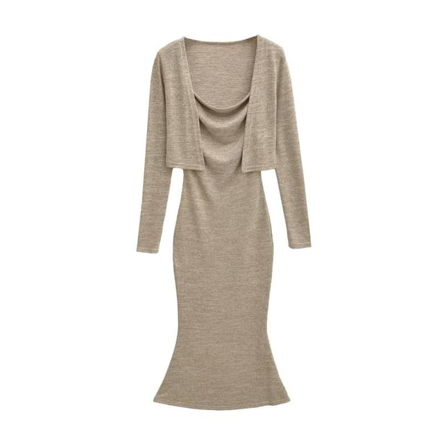 Set: Plain Crop Cardigan + Long-Sleeve Maxi Mermaid Dress