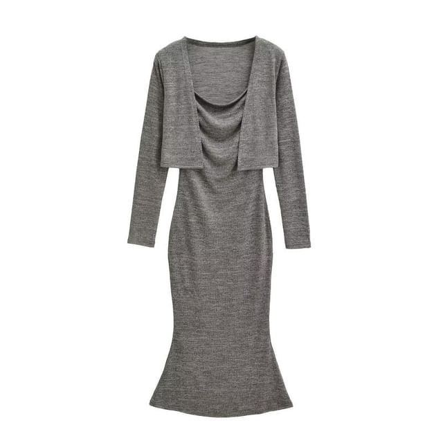 Set: Plain Crop Cardigan + Long-Sleeve Maxi Mermaid Dress