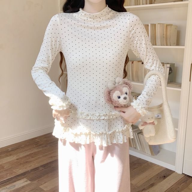 Dotted Frill Trim Mock Neck Tee