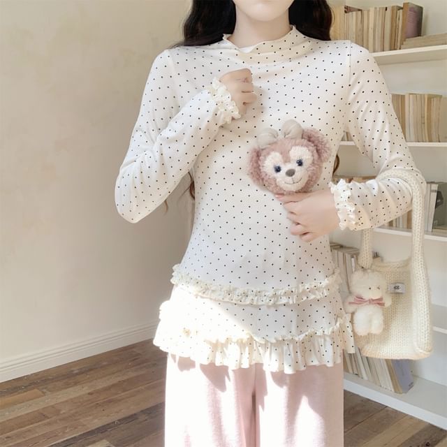 Dotted Frill Trim Mock Neck Tee