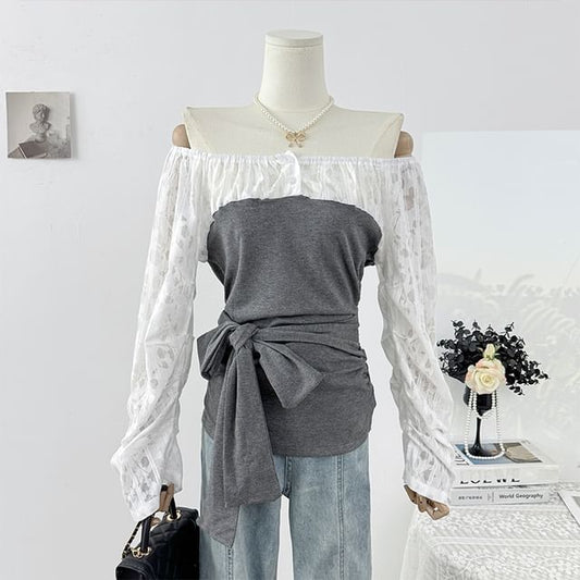 Mock Two-Piece Off Shoulder Lace Panel Top
