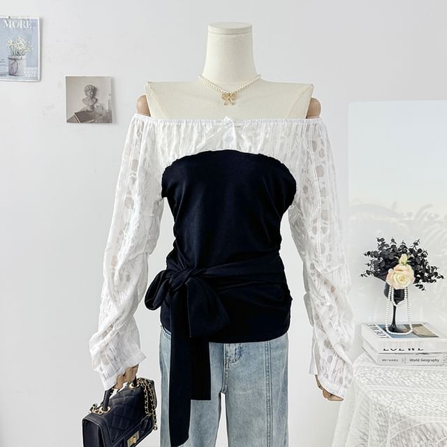 Mock Two-Piece Off Shoulder Lace Panel Top