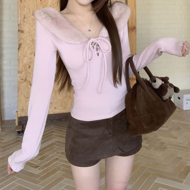 Fluffy Collar Lace-Up Plain T-Shirt Long Sleeve