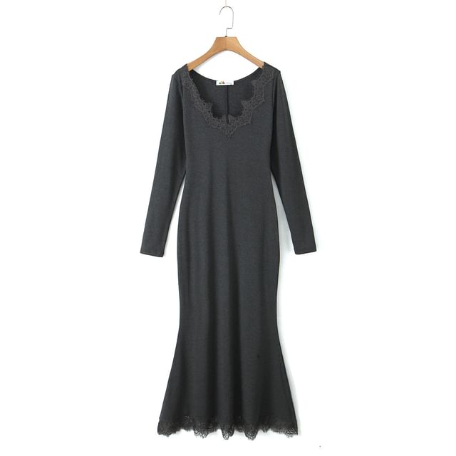 Long Sleeve Scoop Neck Plain Panel Lace Maxi Mermaid Dress