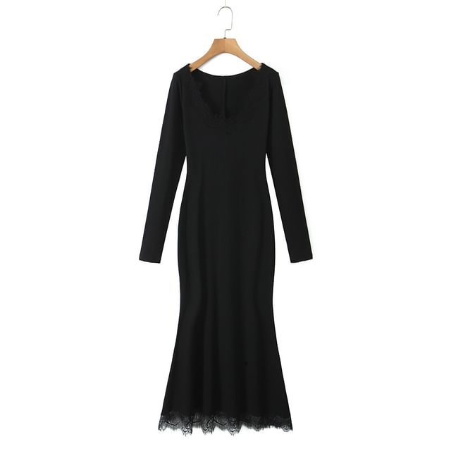 Long Sleeve Scoop Neck Plain Panel Lace Maxi Mermaid Dress