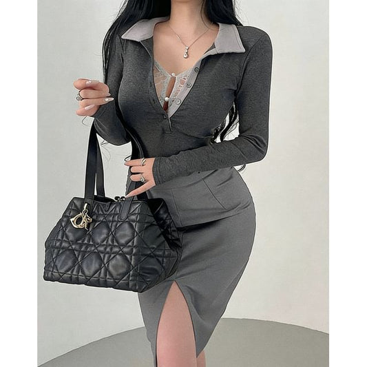 Contrast Collar Polo Shirt with Lace Panels