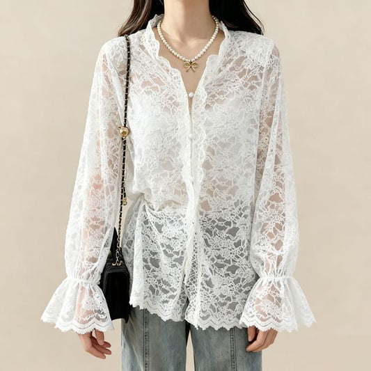 Stand Collar Button-Up Lace Blouse Long Sleeve