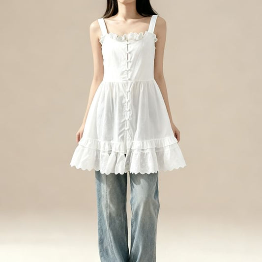 Scoop Neck Eyelet Lace Panel Frill Trim Tunic