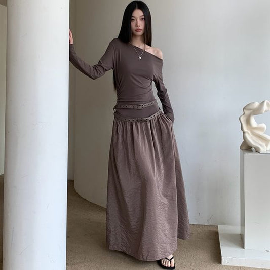 Long Sleeve Off Shoulder Mock Two Piece Maxi A-Line  Dress