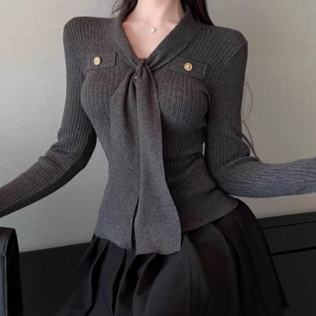 Ribbed V-Neck Knit Top Long Sleeve
