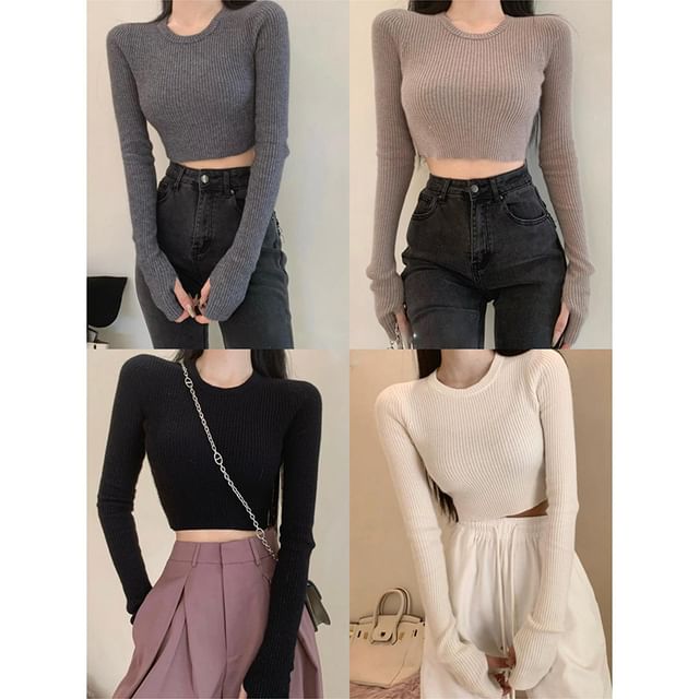 Slim Fit Long-Sleeve Knit Crop Top