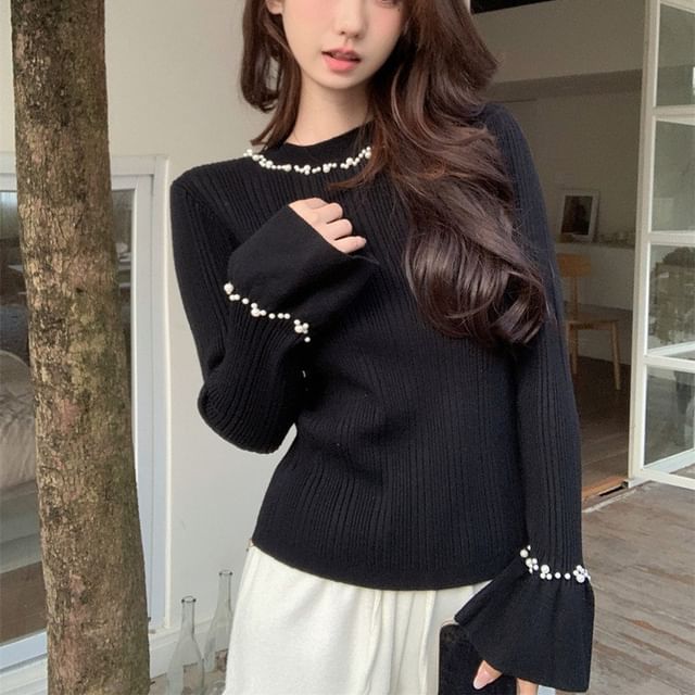 Faux Pearl Ribbed Crew Neck Knit Top