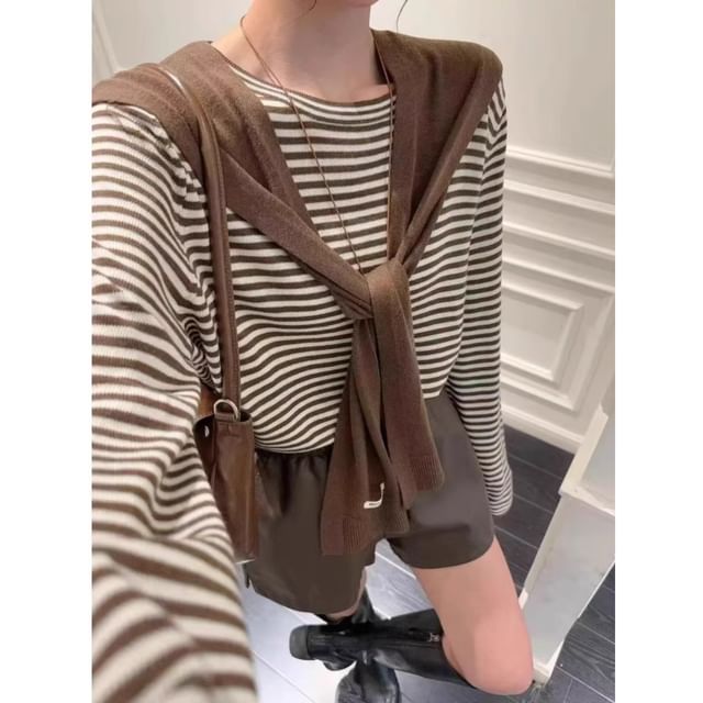Striped Two-Piece Knit Top with Round Neck