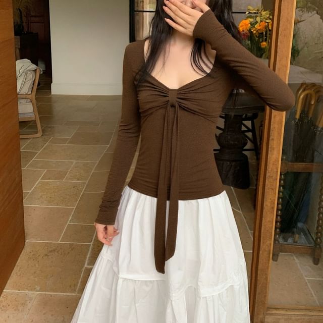 Tie Neck Long-Sleeve Knit T-Shirt