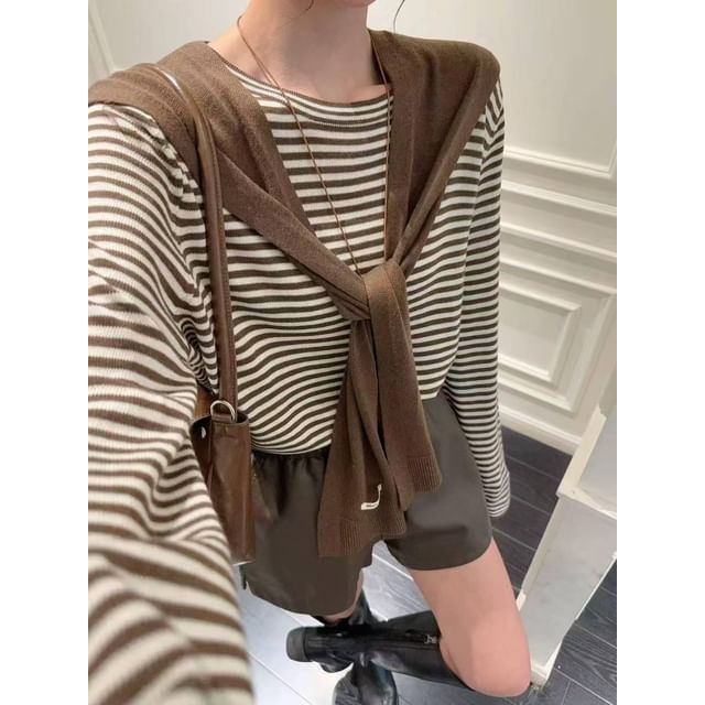 Striped Two-Piece Knit Top with Round Neck