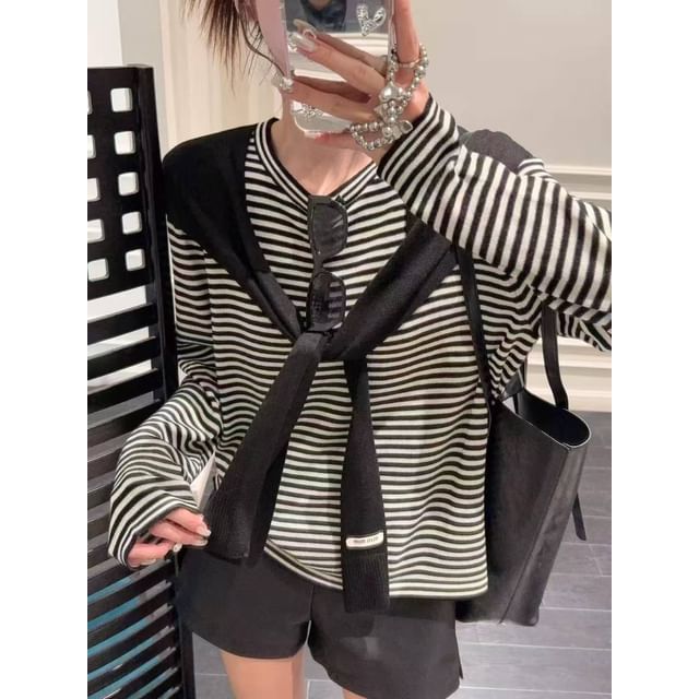 Striped Two-Piece Knit Top with Round Neck