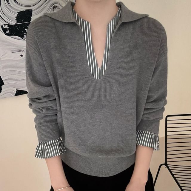 Two-Piece V-Neck Collared Knit Sweater