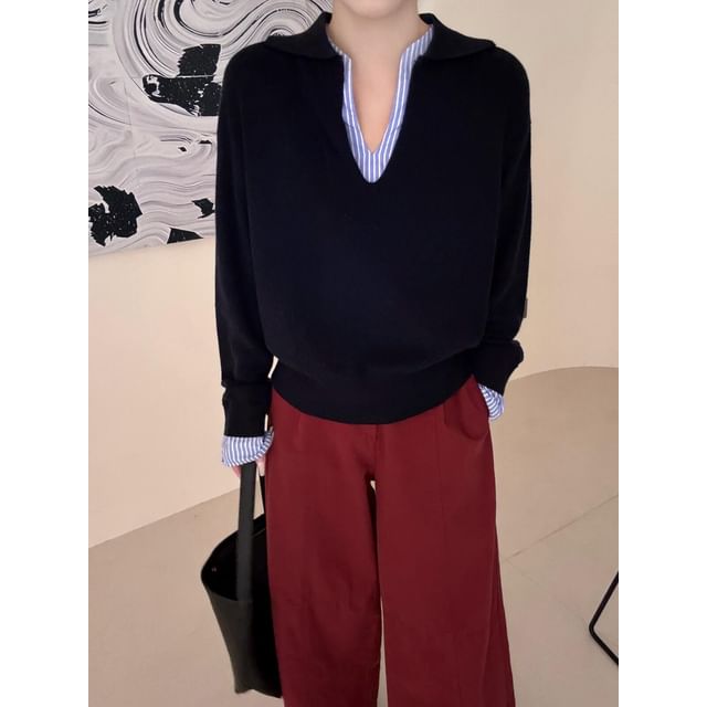 Two-Piece V-Neck Collared Knit Sweater