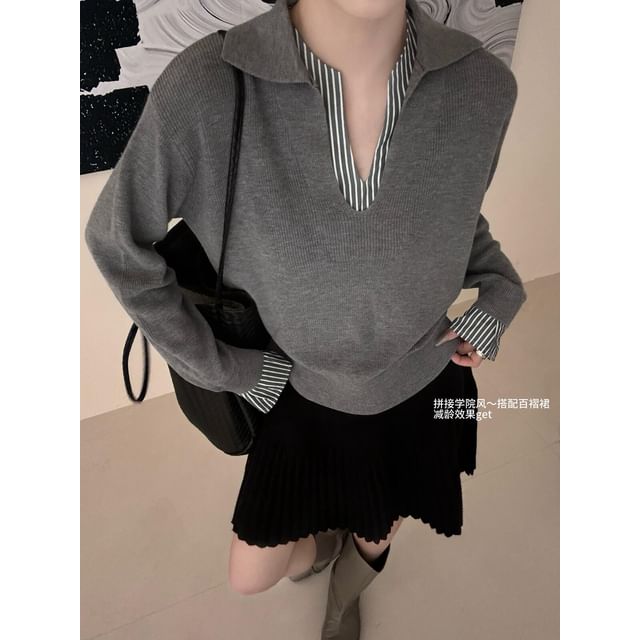 Two-Piece V-Neck Collared Knit Sweater