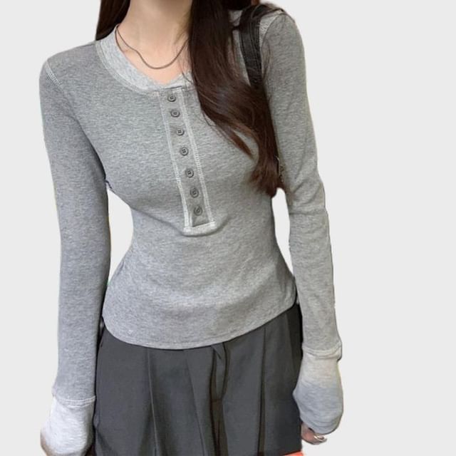 Henley Round Neck Long Sleeve Tee