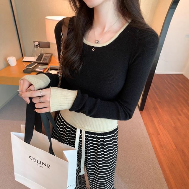 Contrast Trim Crew Neck Knit Top