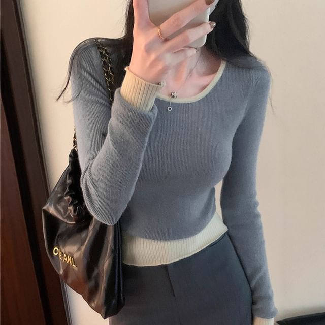 Contrast Trim Crew Neck Knit Top