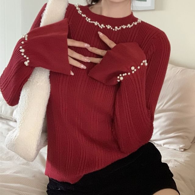 Faux Pearl Ribbed Crew Neck Knit Top