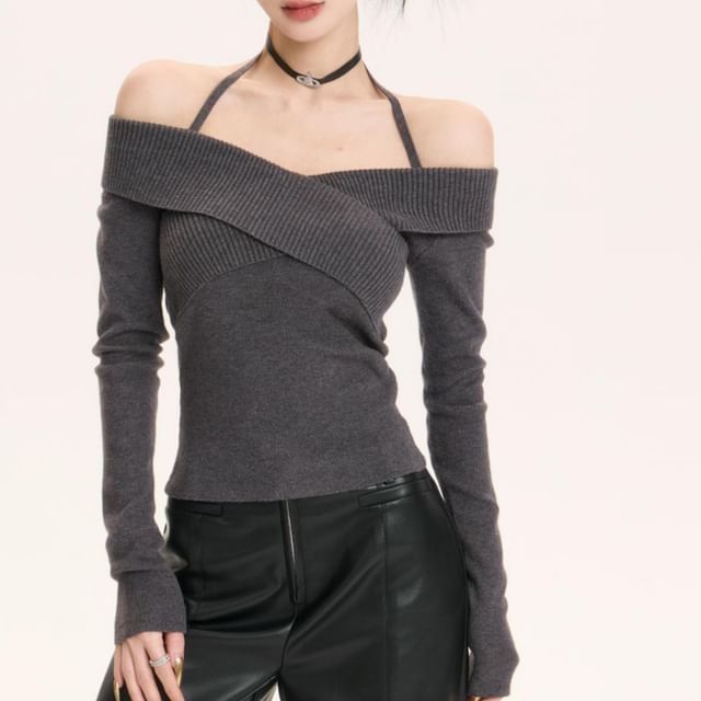 Wrap Style Knit Top with Cold Shoulder Cutouts