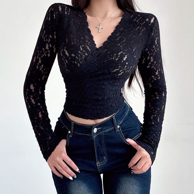 V-Neck Lace Crop Top Long Sleeve