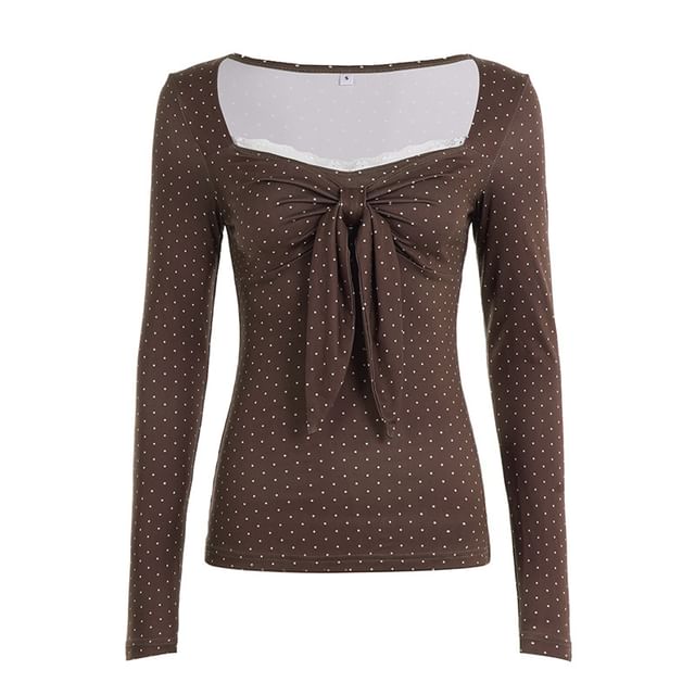 Square Neck Lace-Trim Polka Dot Slim-Fit Top