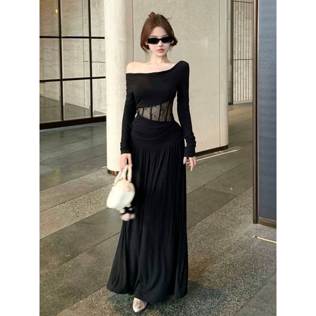 Set: Off Shoulder Lace Panel Top + Maxi A-Line Skirt